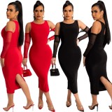 Spring Sexy Red Round Neck With Mesh Sleeve Midi Dress