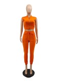 Sommer Casual Orange Solid Zipper Weste und Hose Großhandel Damen Zweiteiler Sets