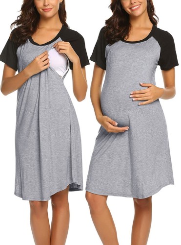 Летнее повседневное серое контрастное черное платье для беременных с короткими рукавами и круглым вырезом
