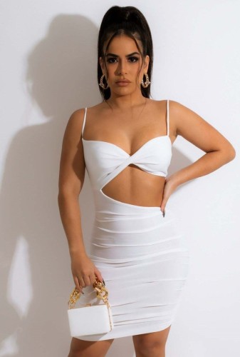 Summer Sexy White Straps Cut Out Backless Ruffles Bodycon Dress