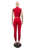 Sommer Casual Red Solid Zipper Weste und Hose Großhandel Damen Zweiteiler Sets