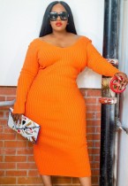 Spring Plus Size Orange Ribbed V Neck Long Sleeve Long Dress
