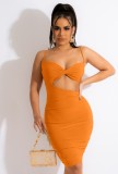 Sommer Sexy Orange Träger Ausgeschnittenes Rückenfreies Rüschen Bodycon Kleid