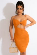 Summer Sexy Orange Straps Cut Out Backless Ruffles Bodycon Dress