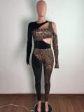 Frühling Sexy Schwarz Mit Leopardenmuster Cut Out Langarm Overall