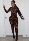 Spring Sexy Stripe Print See Through Long Sleeve Jumpsuit