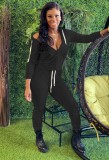 Spring Casual Black Plain Zipper Hoodies And Pant Cheap Wholesale Two Piece Sets