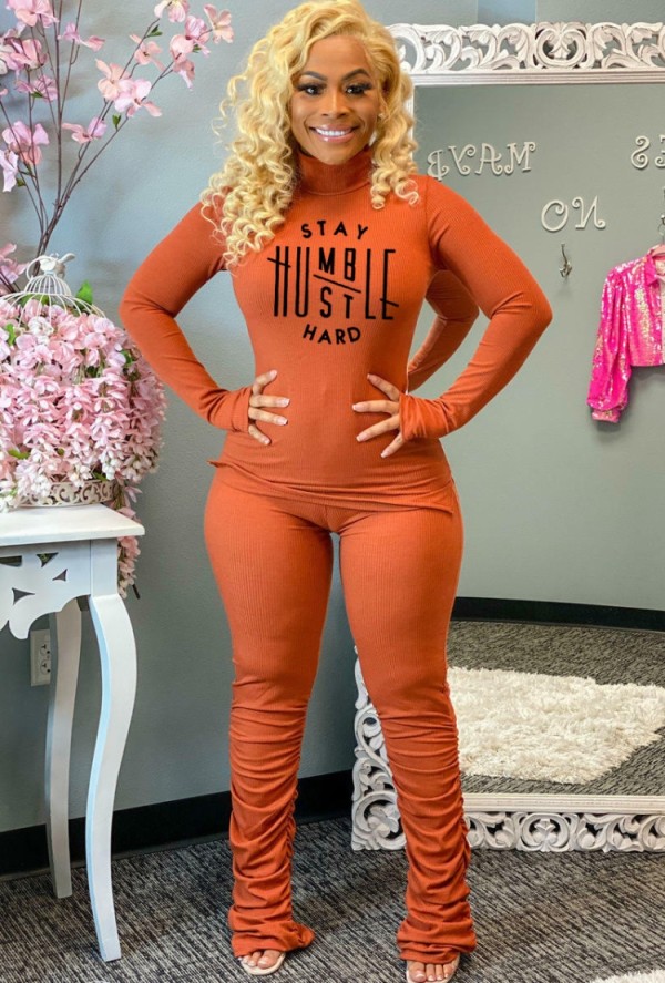 Winter Casual Orange Letter Print High Collar Long Sleeve Top And Stacked Pant Wholesale Two Piece Clothing