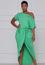 Summer Sexy Green Sloping Shoulder Short Sleeve Irregular Long Dress