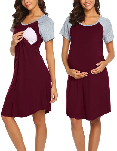 Летнее повседневное красное контрастное серое платье для беременных с короткими рукавами и круглым вырезом