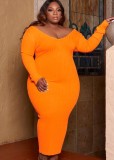Frühling Plus Size Orange Geripptes V-Ausschnitt Langarm Langes Kleid
