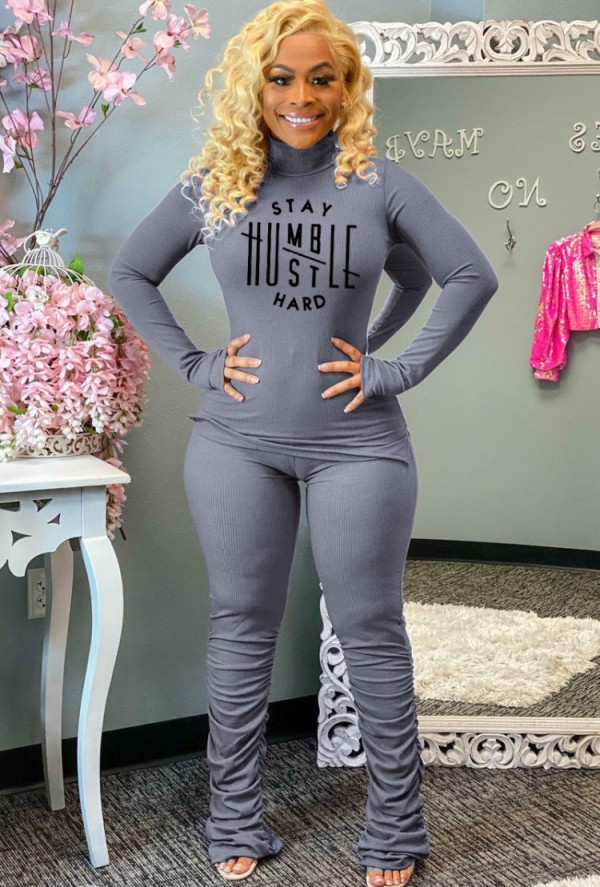 Winter Casual Grey Letter Print High Collar Long Sleeve Top And Stacked Pant Wholesale Two Piece Clothing