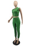 Sommer Casual Green Solid Zipper Weste und Hose Großhandel Damen Zweiteiler Sets