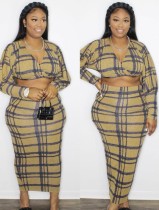 Women Spring Plaid Print Sexy Crop Top and Midi Skirt Two Piece Set