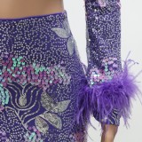 Women Spring Purple Sequins Crop Top and Mini Skirt Two Piece Set