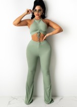 Kadın Yaz Yeşil Halter Dizeleri Kırpma Üst ve Pantolon İki Parçalı Takım