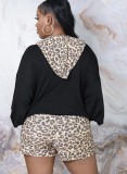 Damen Frühling Schwarz Leopard Print Hoody Top und Shorts Casual Zweiteiler Set