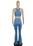 Women Summer Blue Halter Strings Crop Top and Pants Two Piece Set