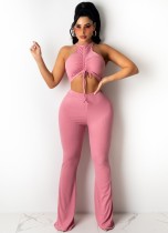 Conjunto de dos piezas de top corto y pantalones con tirantes halter rosa de verano para mujer
