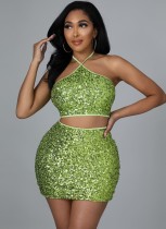 Kadın Yaz Yeşil Payetler Halter Crop Top ve Mini Etek İki Parça Takım