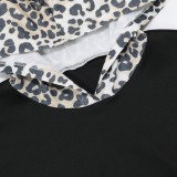 Damen Frühling Schwarz Leopard Print Hoody Top und Shorts Casual Zweiteiler Set