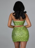 Women Summer Green Sequins Halter Crop Top and Mini Skirt Two Piece Set