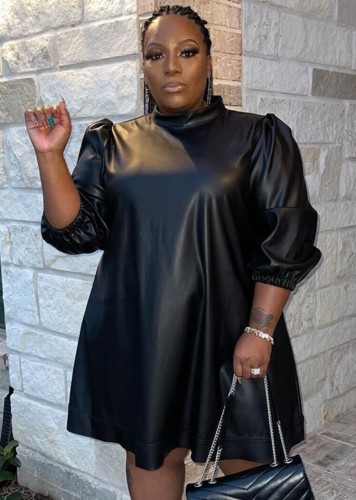 Vestido feminino primavera preto manga comprida em couro plus size