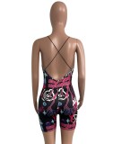 Women Summer Black Printed Sexy Backless Tight Fitting Strap Rompers