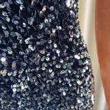 Summer Elegant Black Sqeuins V Neck Puffed Short Sleeve Party Dress