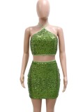 Women Summer Green Sequins Halter Crop Top and Mini Skirt Two Piece Set