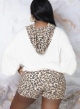 Damen Frühling Weiß Leopard Print Hoody Top und Shorts Casual Zweiteiler Set