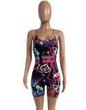 Women Summer Black Printed Sexy Backless Tight Fitting Strap Rompers