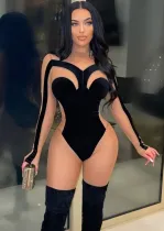 Women Summer Black Velvet and Mesh Patch Long Sleeve Sexy Jumpsuit