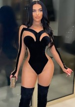 Women Summer Black Velvet and Mesh Patch Long Sleeve Sexy Jumpsuit