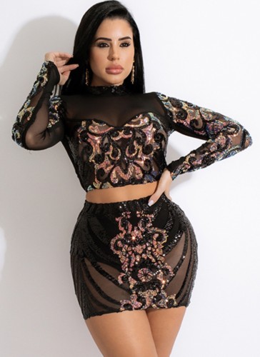 Vrouwen lente zwarte pailletten mesh crop top en mini rok sexy tweedelige set