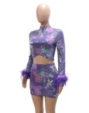 Women Spring Purple Sequins Crop Top and Mini Skirt Two Piece Set