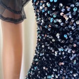 Summer Elegant Black Sqeuins V Neck Puffed Short Sleeve Party Dress