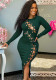 Spring Women Sexy Green Lace-up Hollow Out Long Sleeve Slim Fit Midi Dress