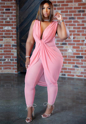 Zomer Plus Size Vrouwen Sexy Roze Sheer Mesh V-hals Mouwloze Ruches Jumpsuit