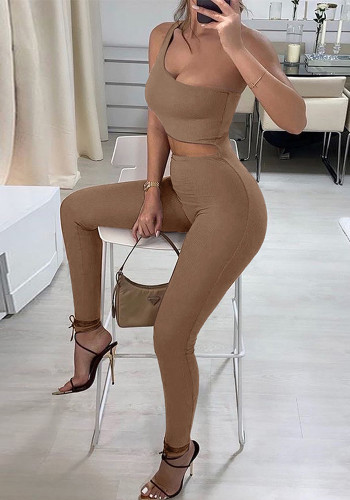 Summer Women Sexy Brown One Shoulder Sleeveless Cutout Slim Fit Sports Jogger Jumpsuit