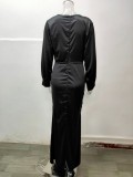 Frühling Frauen Elegantes Schwarzes Plunge V-Ausschnitt Langarm Slim Fit Meerjungfrau Abendkleid