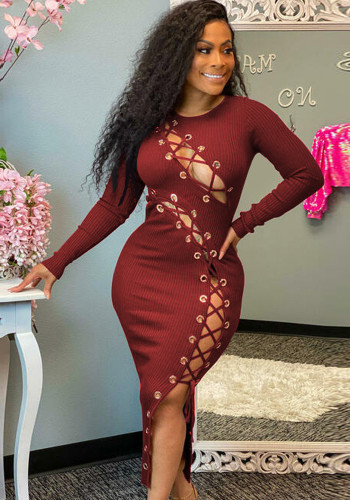 Spring Women Sexy Wine Red Lace-up Hollow Out Long Sleeve Slim Fit Midi Dress