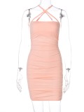 Summer Women Sexy Pink Straps Ruched Slim Fit Bodycon Mini Dress