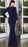 Frühling Frauen Elegantes Blaues Plunge V-Ausschnitt Langarm Slim Fit Meerjungfrau Abendkleid