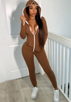 Spring Women Sporty Brown Zipper Up Long Sleeve Pocket Fitted Jogger Jumpsuit