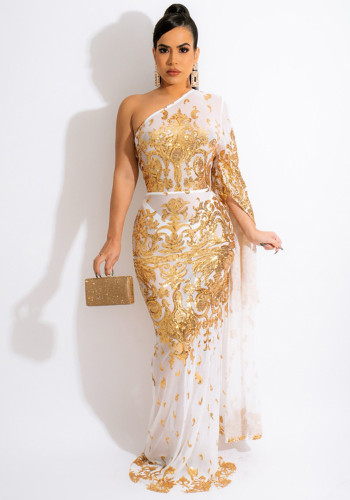 Vestido de noite feminino elegante com lantejoulas douradas bordado branco ombro oblíquo manga única malha transparente