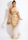 Spring Women Elegant Golden Sequins Embroidered White slanted shoulder Single Sleeve Sheer Mesh Evening Dress