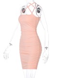 Summer Women Sexy Pink Straps Ruched Slim Fit Bodycon Mini Dress