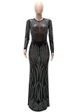 Spring Women Sexy Black Rhinestone Beaded Sheer Mesh O-neck Long Sleeve Mermaid Evening Dress