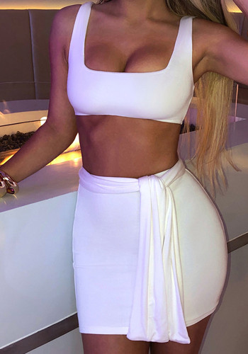 Summer Women Sporty White Crop Sleeveless Tank and Pencil Mini Skirt Two Piece Set with Belt